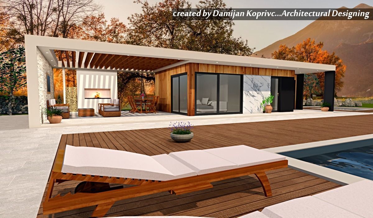 modern house with swimming pool and fireplace 3d model exterior Low-poly 3D model_6