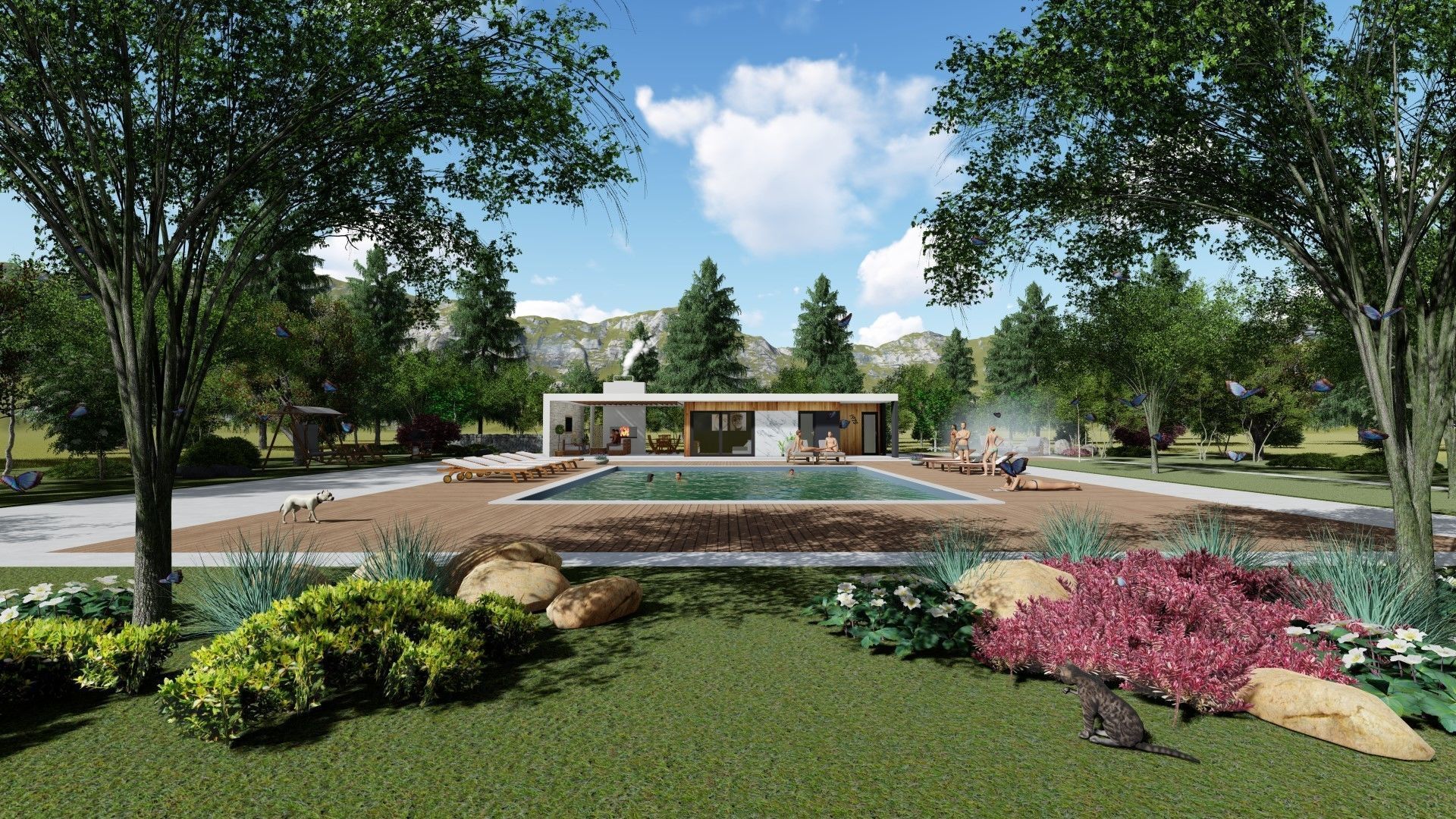 modern house with swimming pool and fireplace 3d model exterior Low-poly 3D model_2