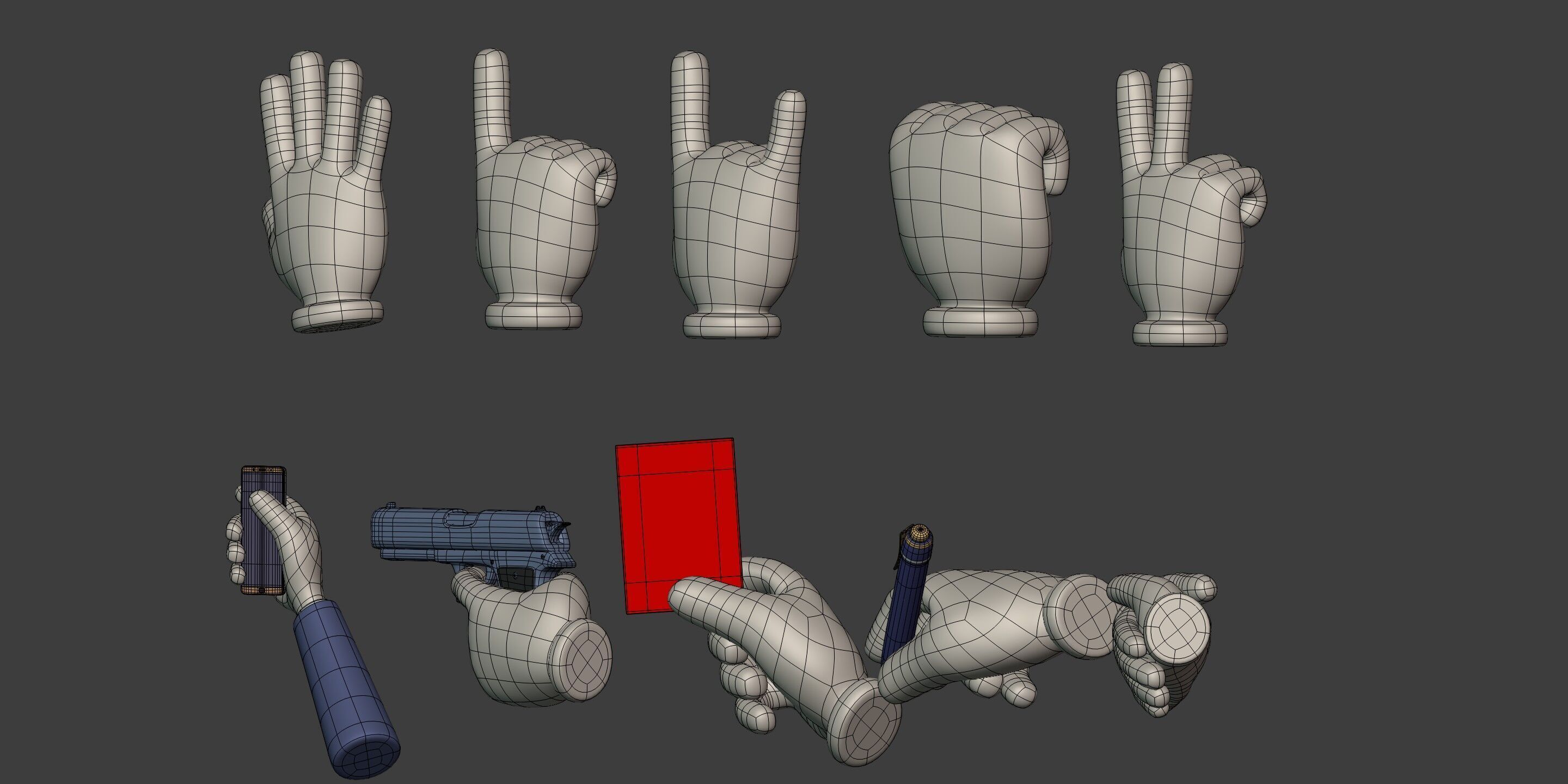Cartoon Hands and Icons Pack - Gun - Pen - Red Card - Smartphone Low-poly 3D model_4