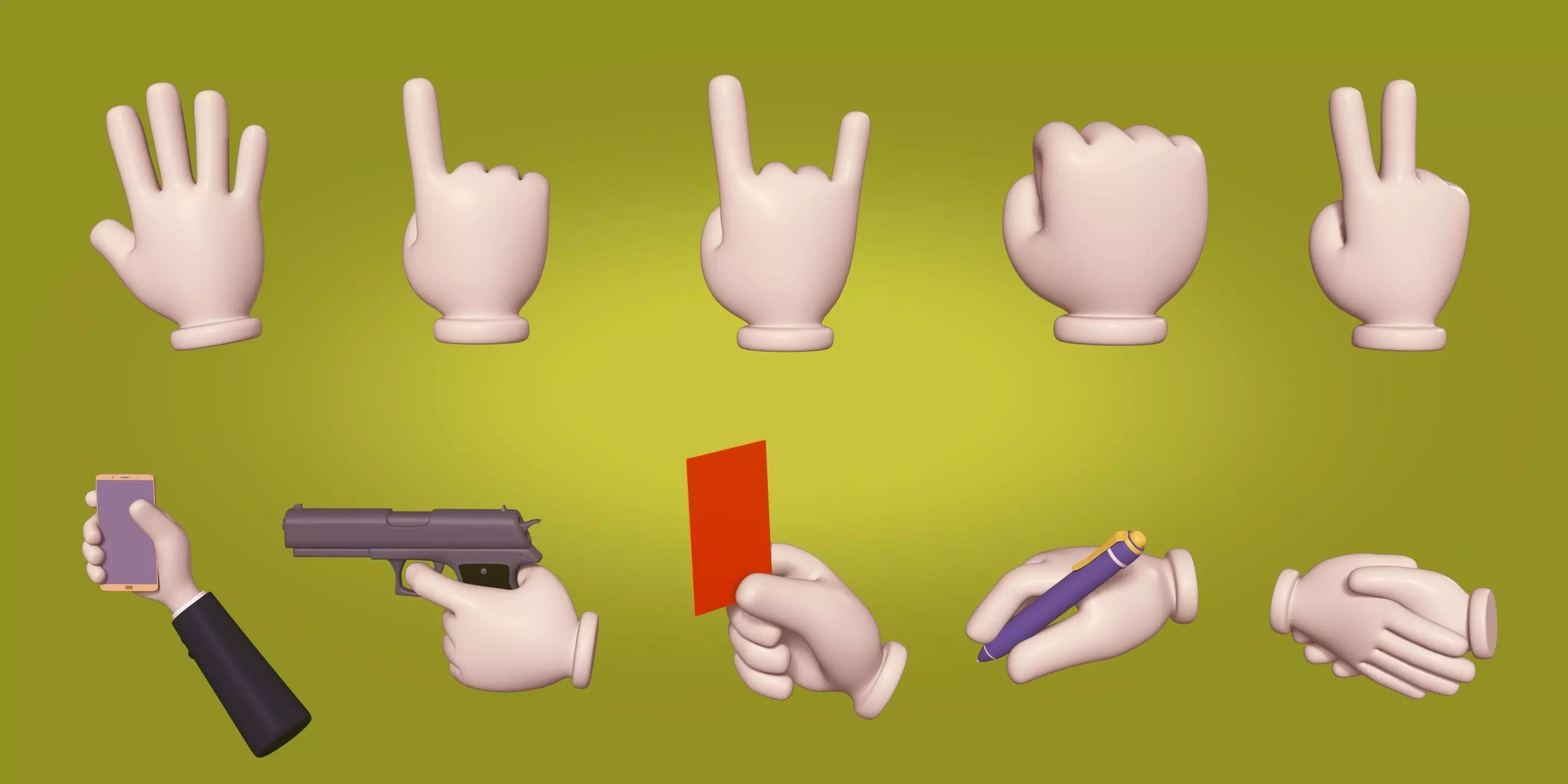Cartoon Hands and Icons Pack - Gun - Pen - Red Card - Smartphone Low-poly 3D model_0