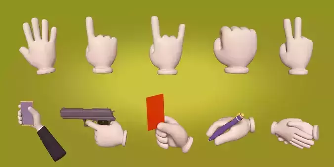 Cartoon Hands and Icons Pack - Gun - Pen - Red Card - Smartphone Low-poly 3D model