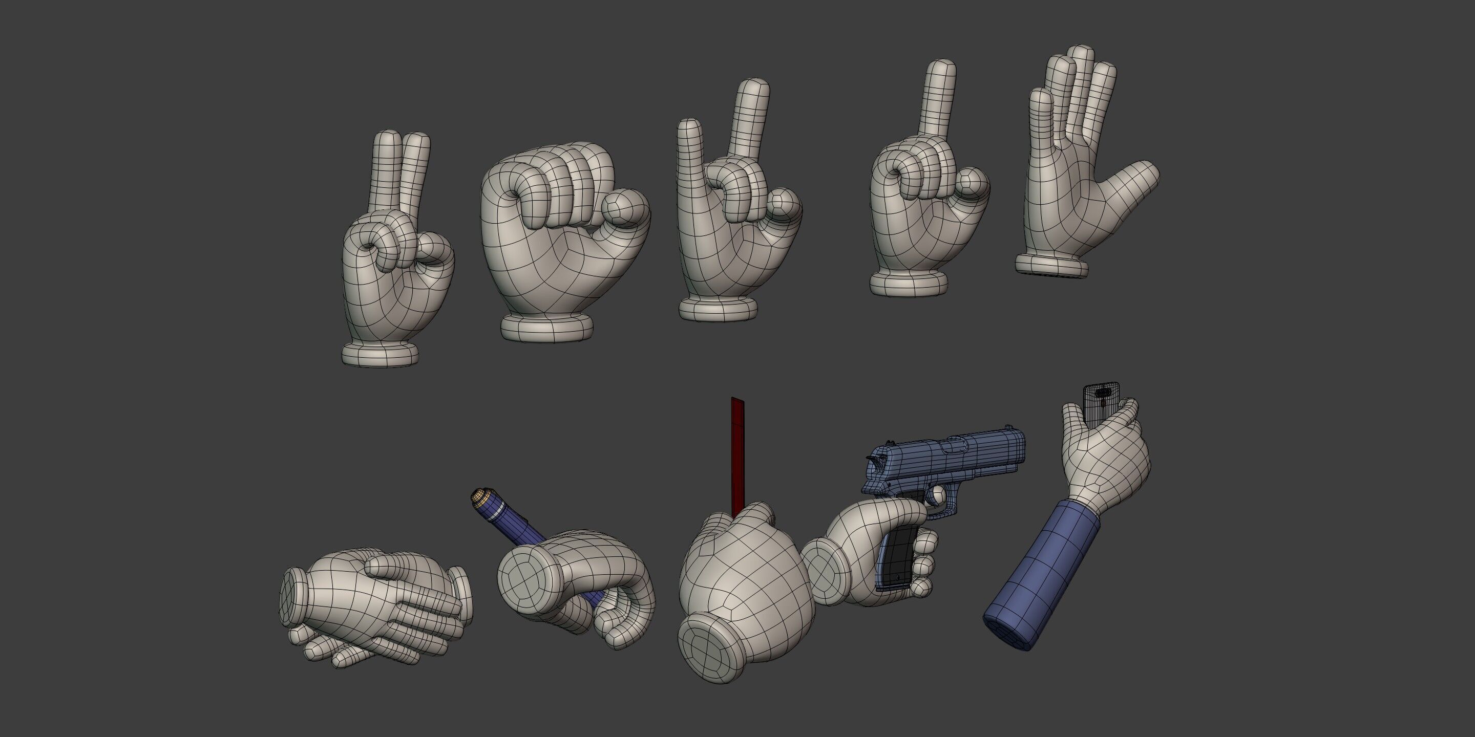 Cartoon Hands and Icons Pack - Gun - Pen - Red Card - Smartphone Low-poly 3D model_12