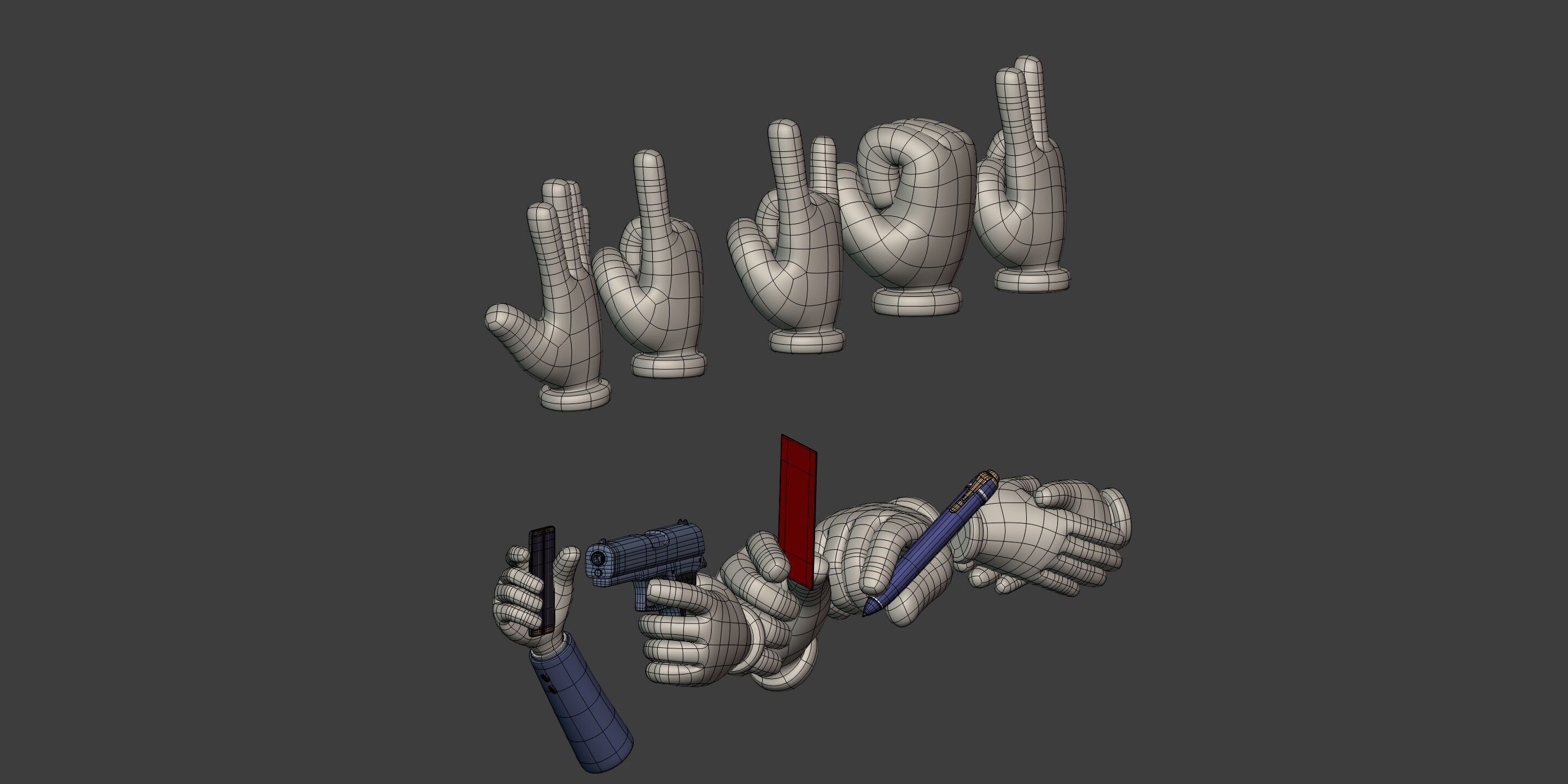 Cartoon Hands and Icons Pack - Gun - Pen - Red Card - Smartphone Low-poly 3D model_6