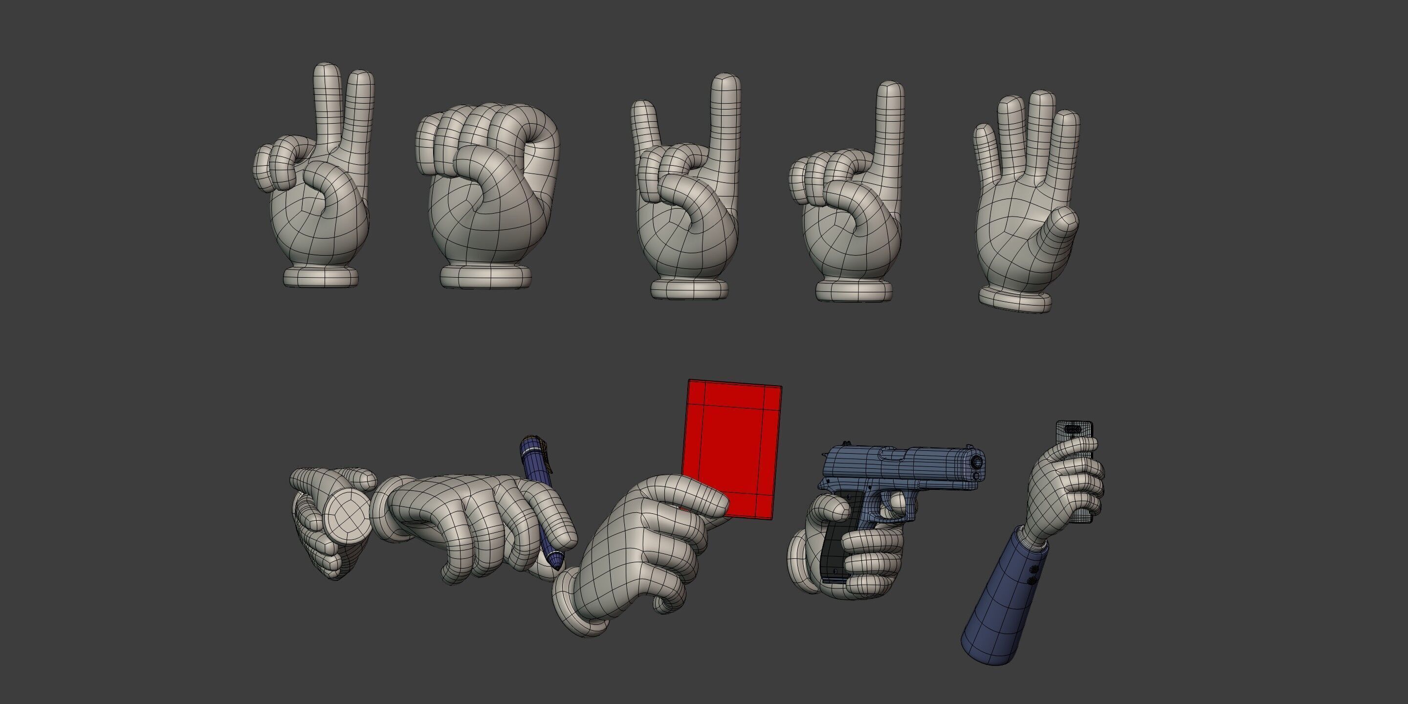 Cartoon Hands and Icons Pack - Gun - Pen - Red Card - Smartphone Low-poly 3D model_14