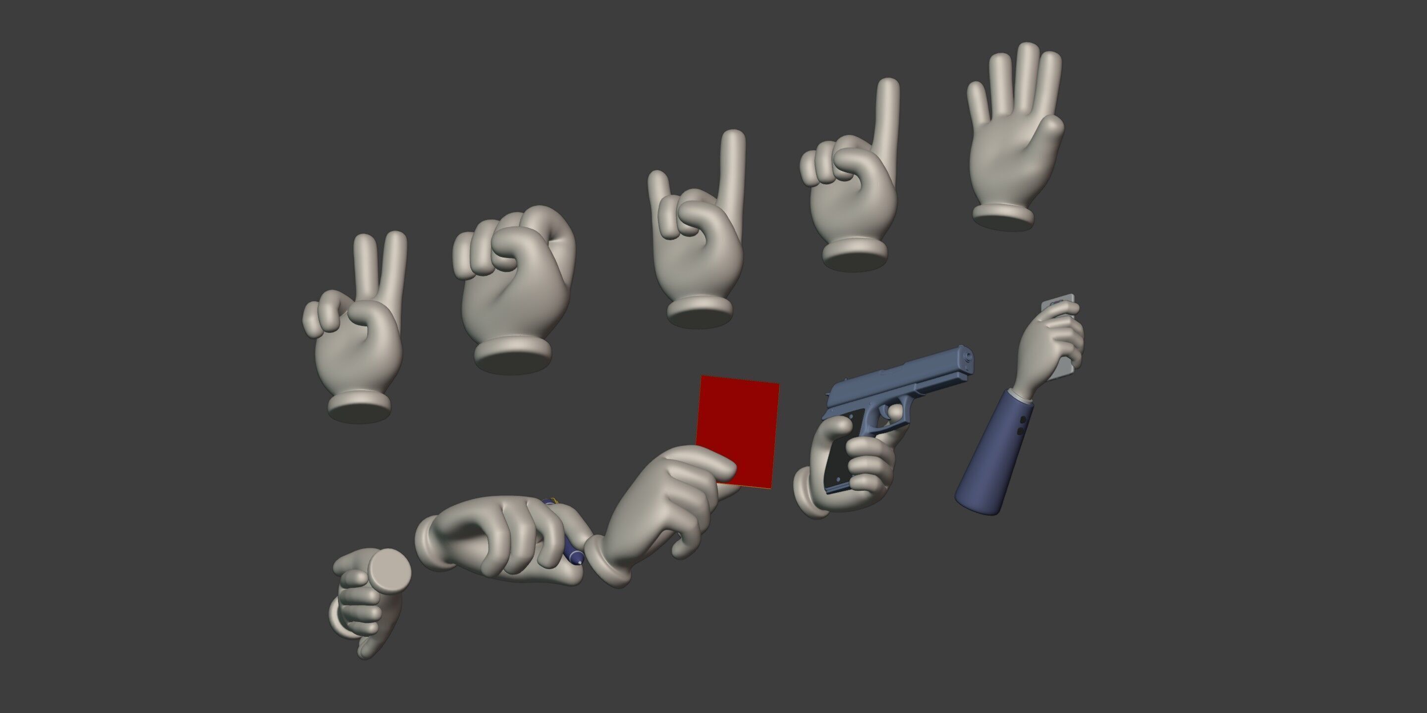 Cartoon Hands and Icons Pack - Gun - Pen - Red Card - Smartphone Low-poly 3D model_17