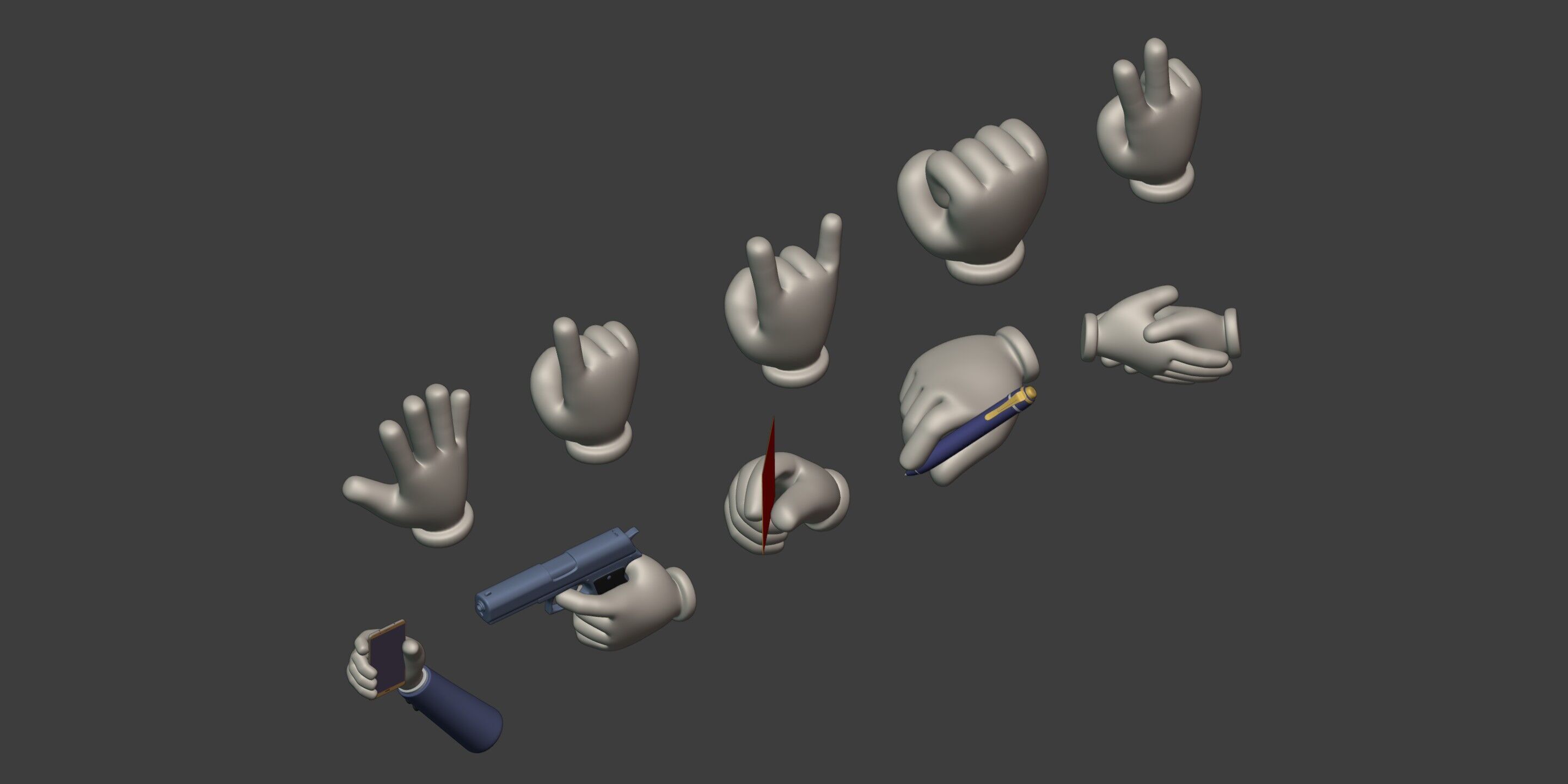 Cartoon Hands and Icons Pack - Gun - Pen - Red Card - Smartphone Low-poly 3D model_7