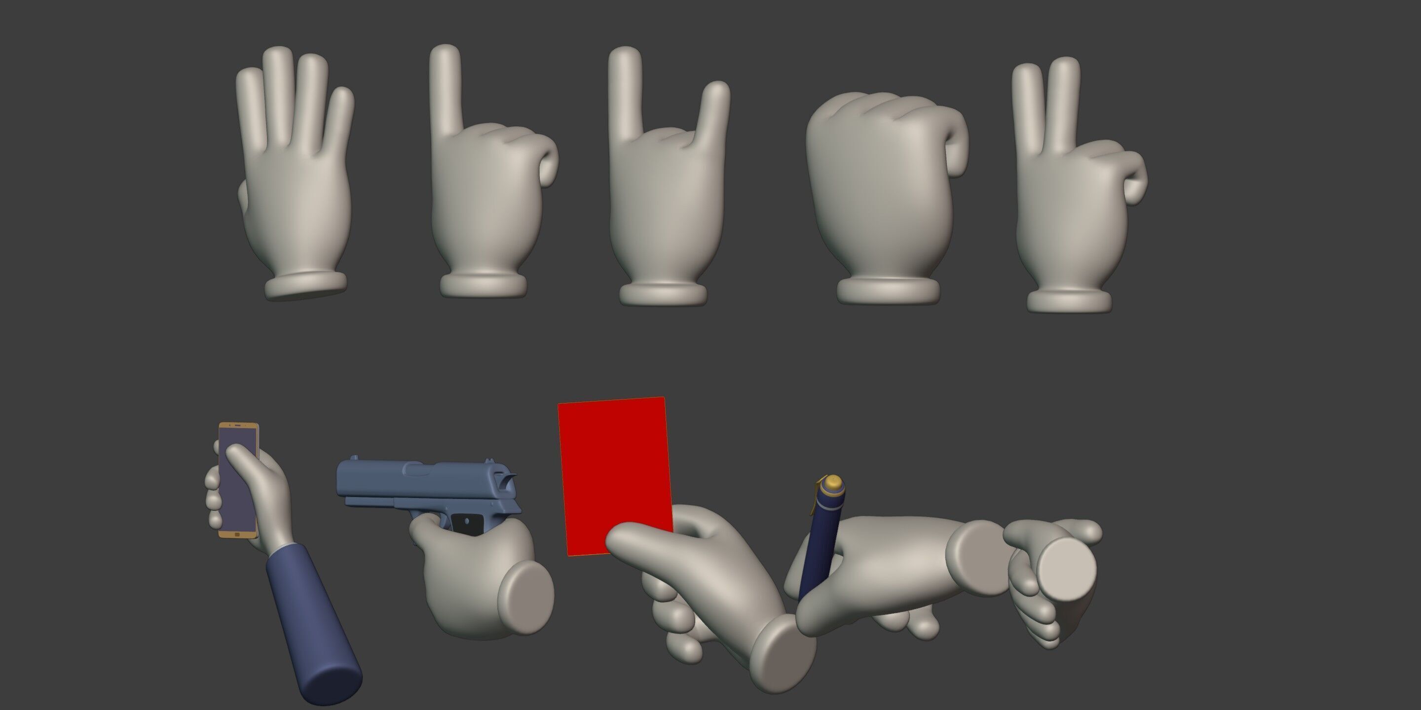 Cartoon Hands and Icons Pack - Gun - Pen - Red Card - Smartphone Low-poly 3D model_3