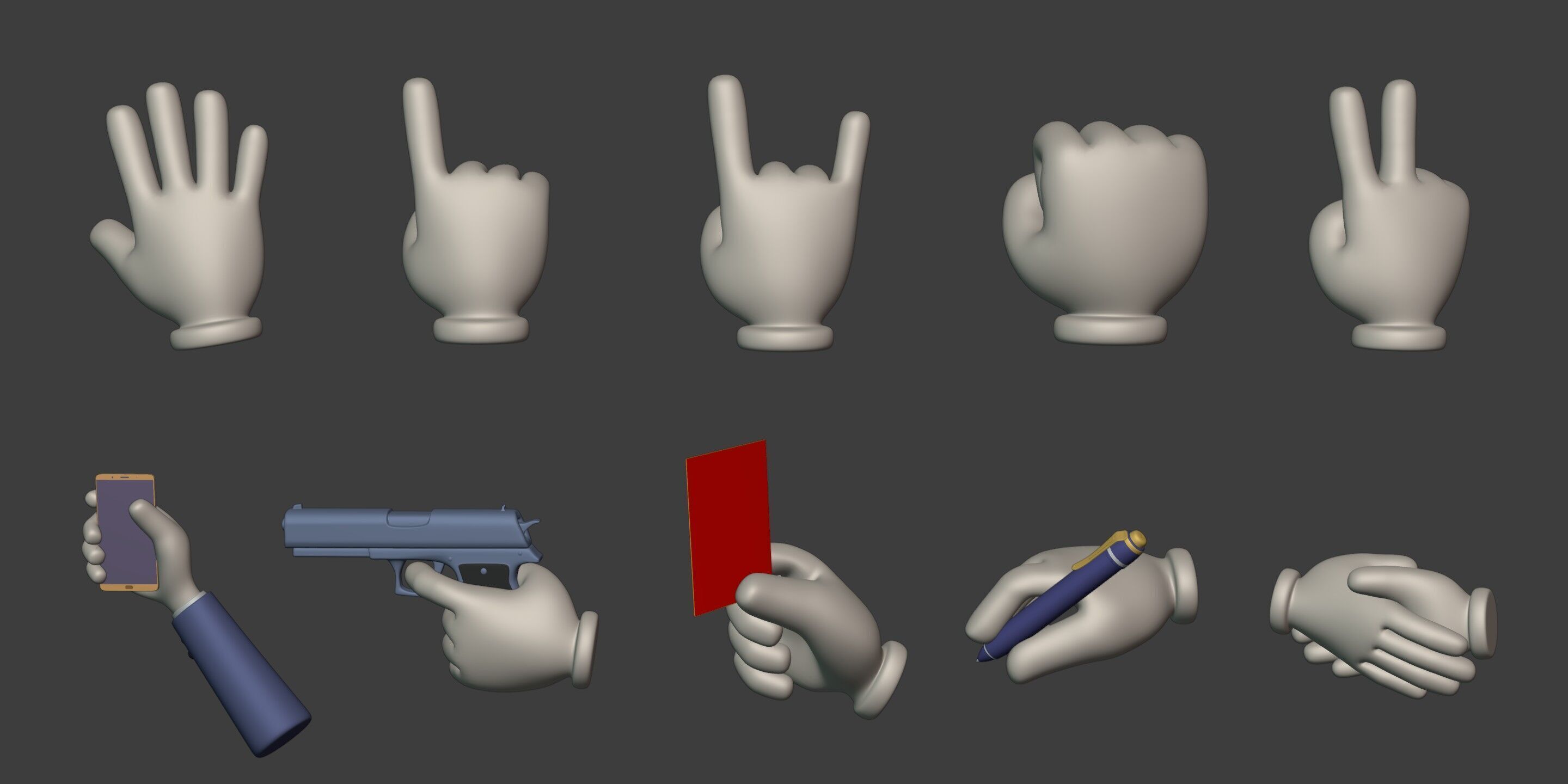 Cartoon Hands and Icons Pack - Gun - Pen - Red Card - Smartphone Low-poly 3D model_1