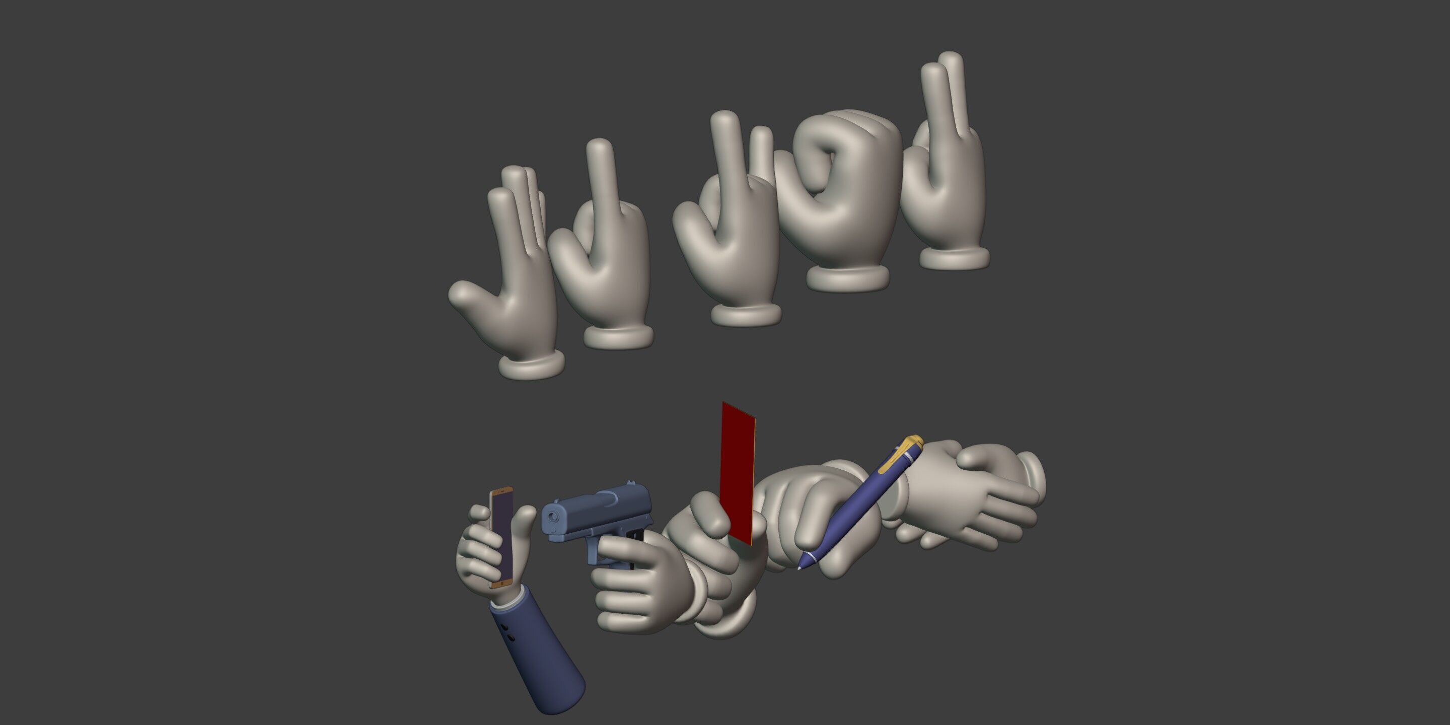 Cartoon Hands and Icons Pack - Gun - Pen - Red Card - Smartphone Low-poly 3D model_5
