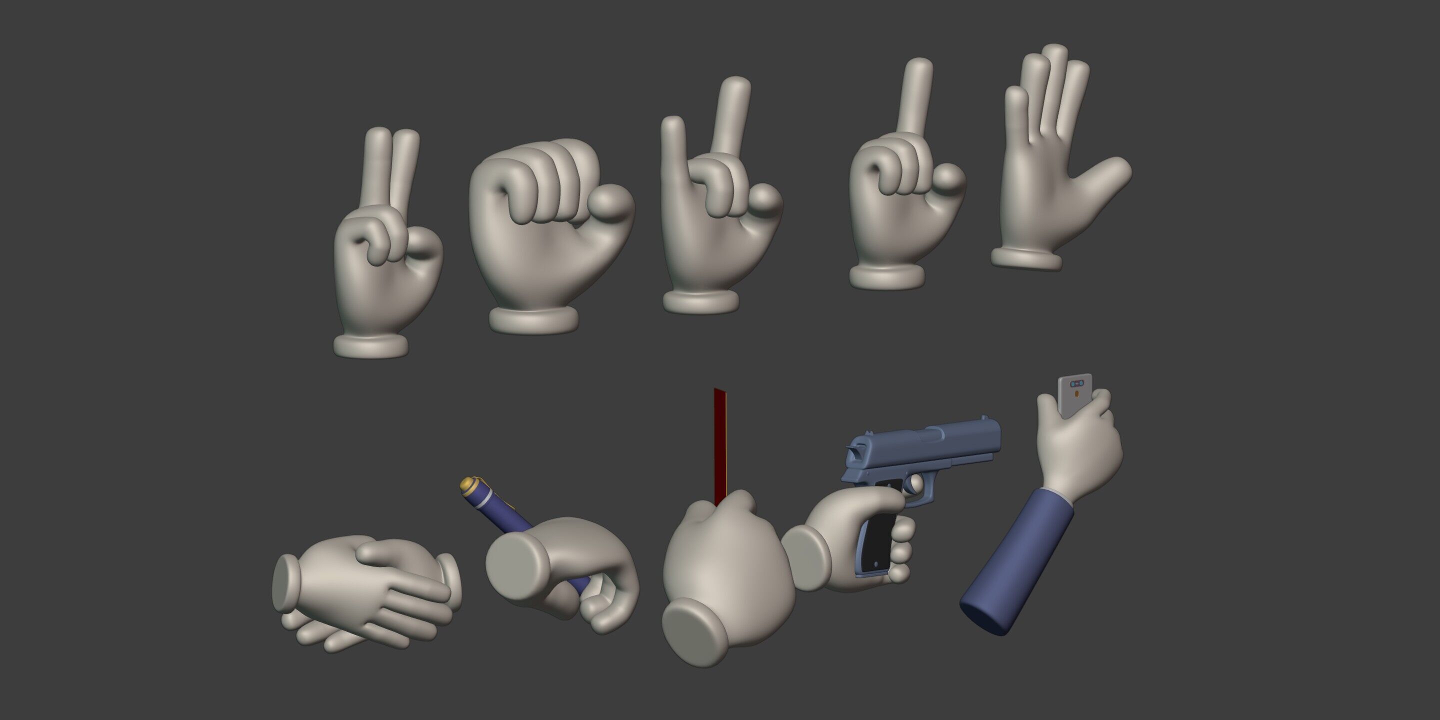 Cartoon Hands and Icons Pack - Gun - Pen - Red Card - Smartphone Low-poly 3D model_11