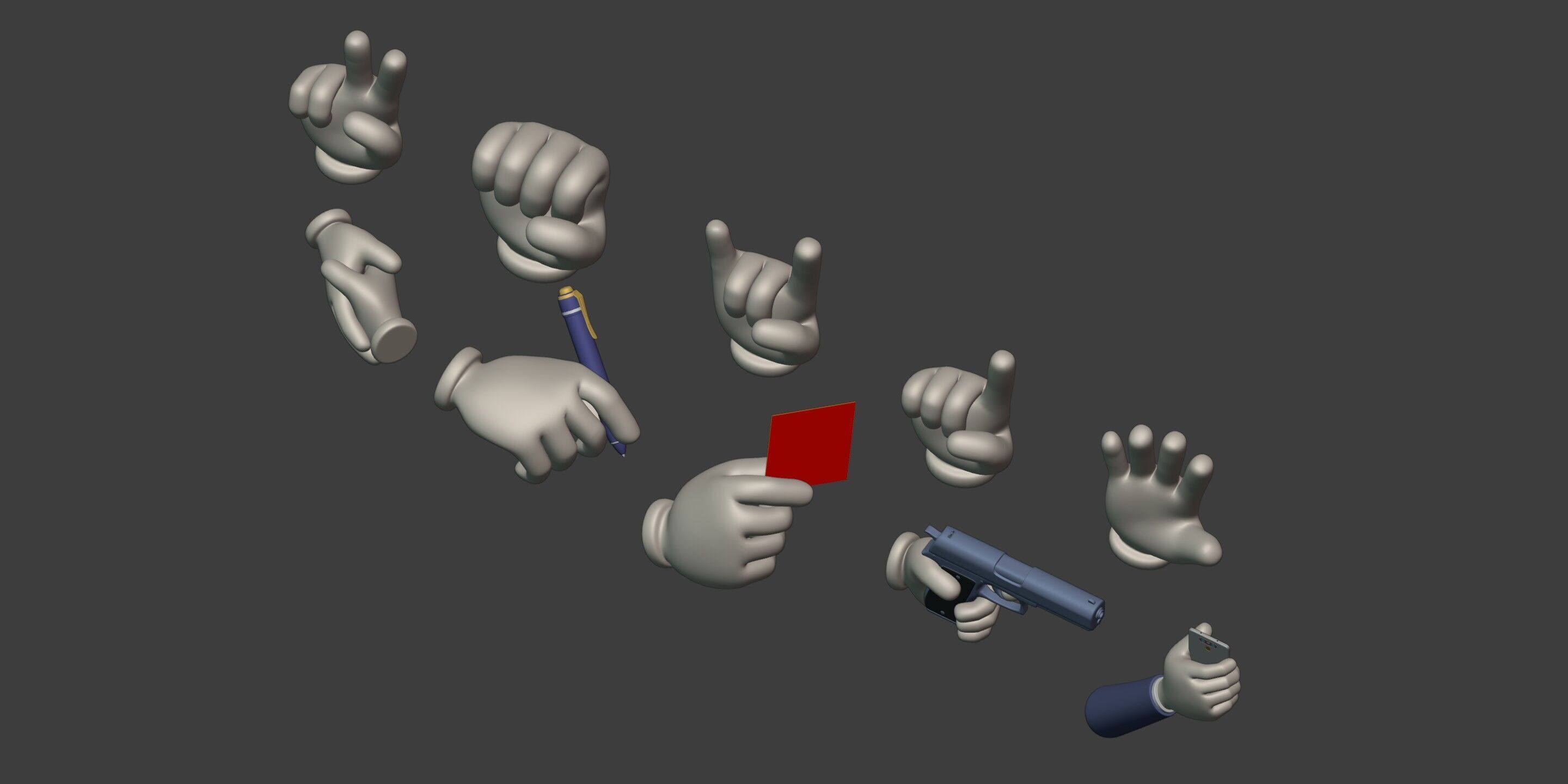 Cartoon Hands and Icons Pack - Gun - Pen - Red Card - Smartphone Low-poly 3D model_15