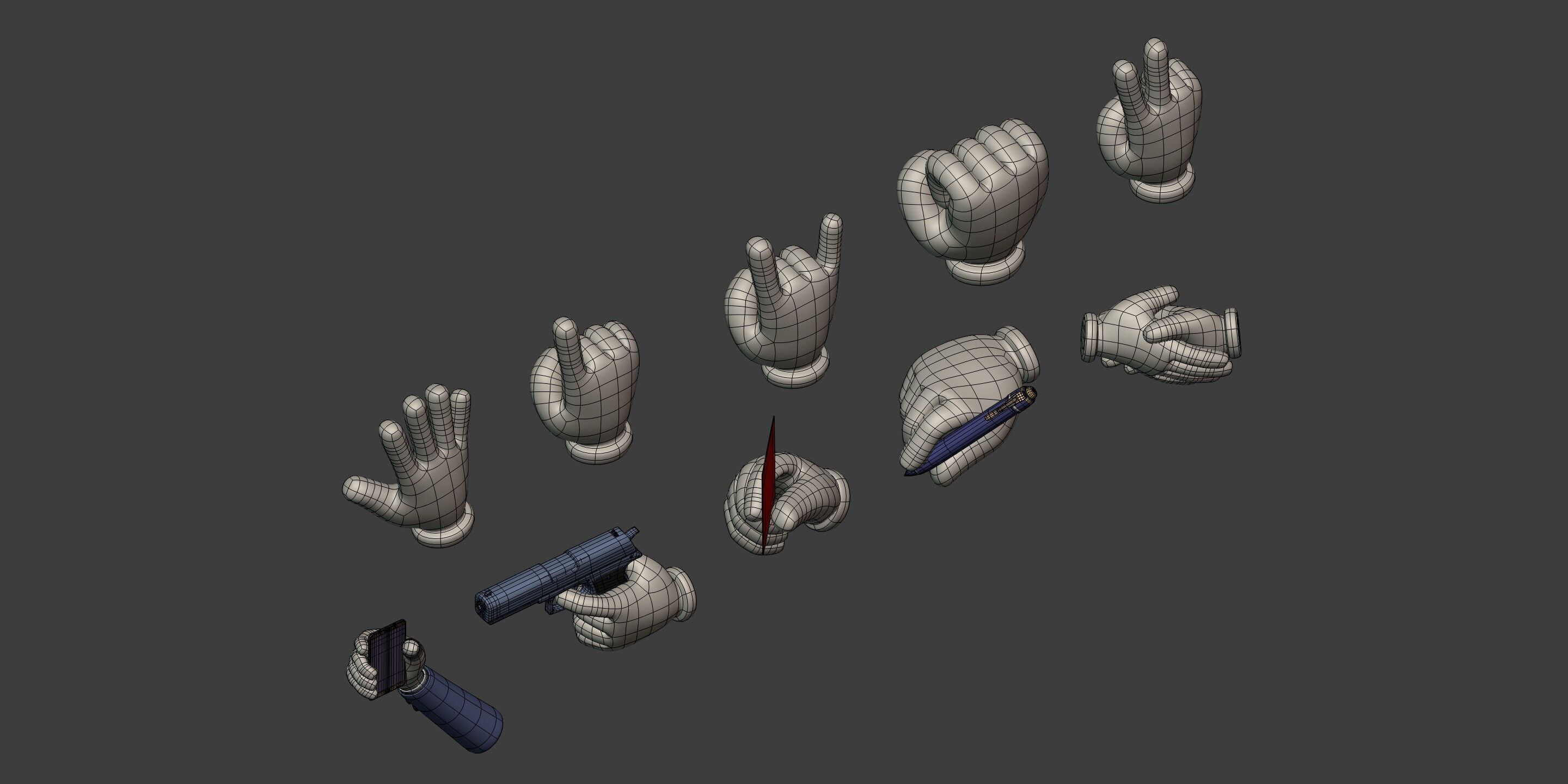 Cartoon Hands and Icons Pack - Gun - Pen - Red Card - Smartphone Low-poly 3D model_8