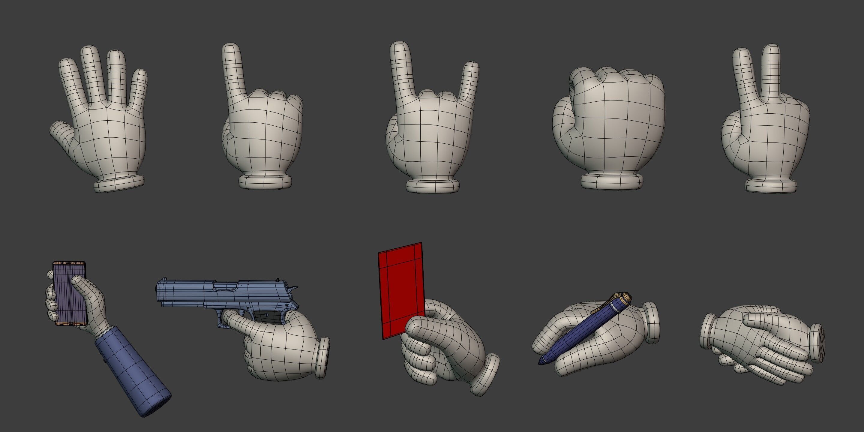 Cartoon Hands and Icons Pack - Gun - Pen - Red Card - Smartphone Low-poly 3D model_2