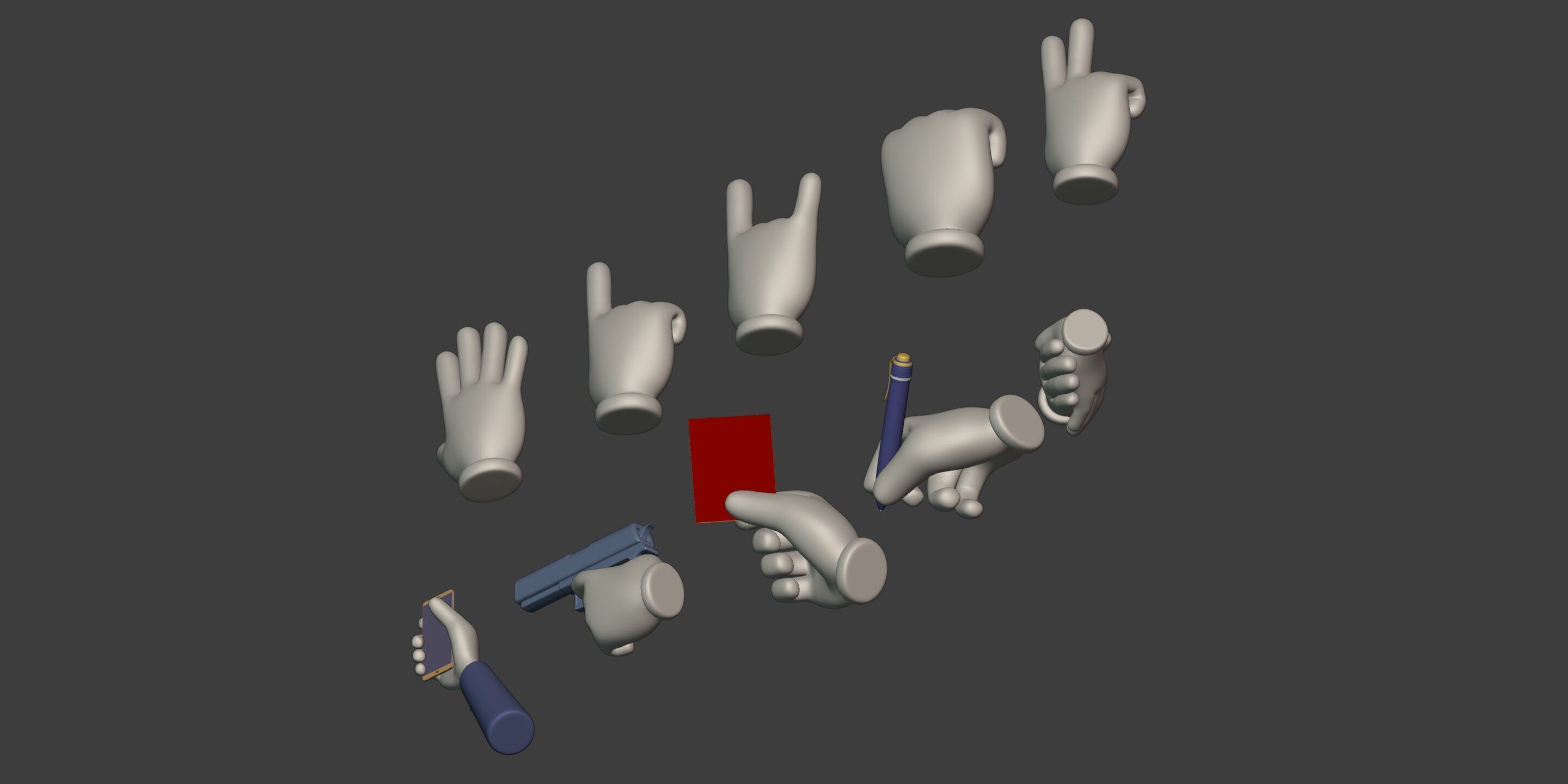 Cartoon Hands and Icons Pack - Gun - Pen - Red Card - Smartphone Low-poly 3D model_9