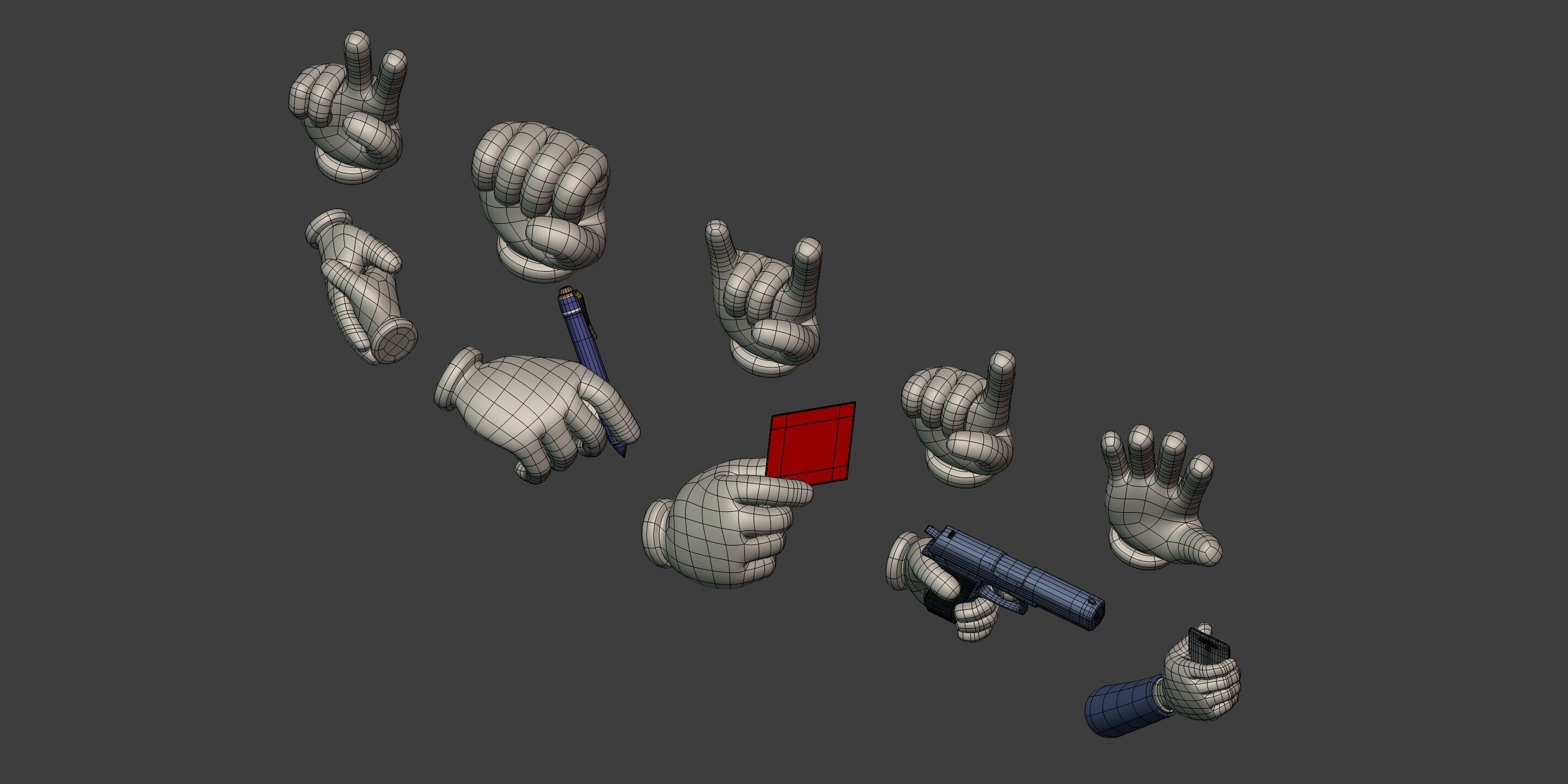 Cartoon Hands and Icons Pack - Gun - Pen - Red Card - Smartphone Low-poly 3D model_16