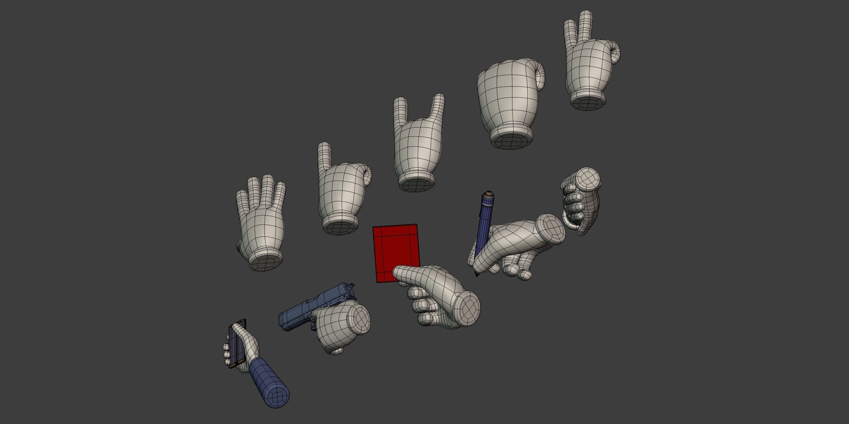 Cartoon Hands and Icons Pack - Gun - Pen - Red Card - Smartphone Low-poly 3D model_10