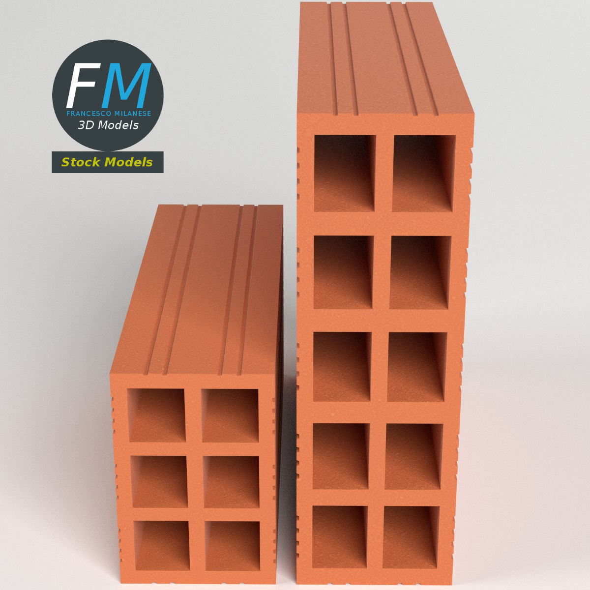 Bricks brick block with two rows of 3D model_2