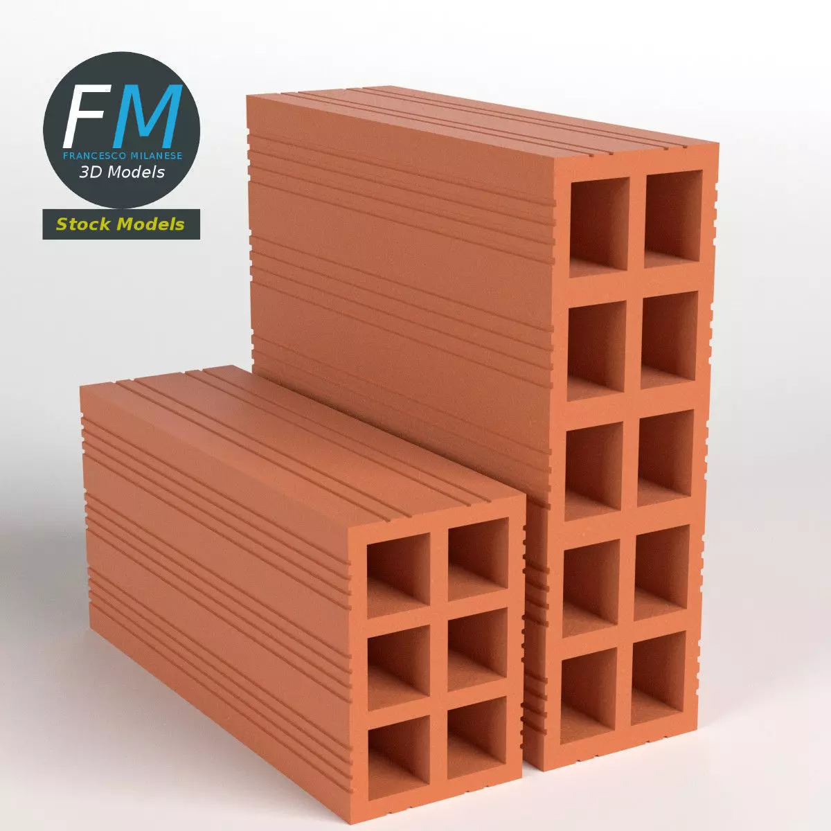 Bricks brick block with two rows of 3D model_0