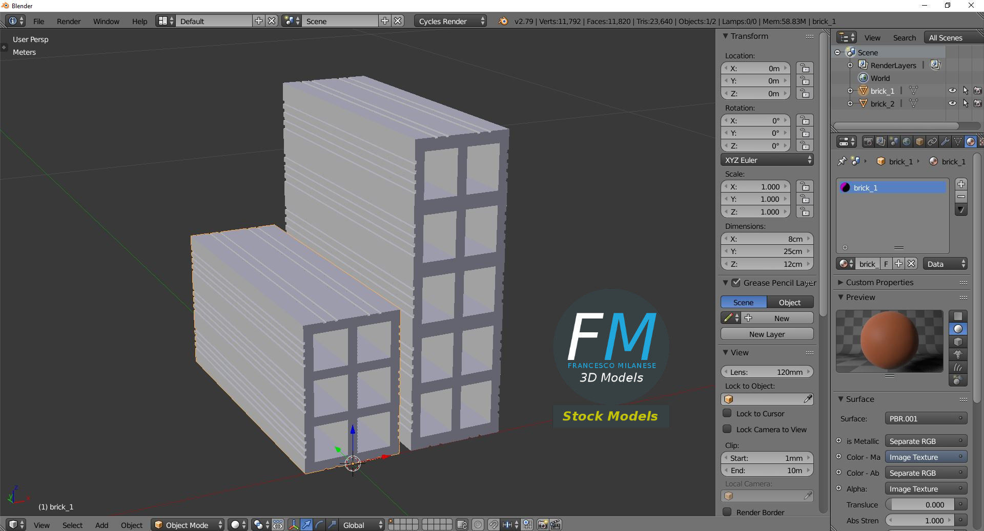 Bricks brick block with two rows of 3D model_9