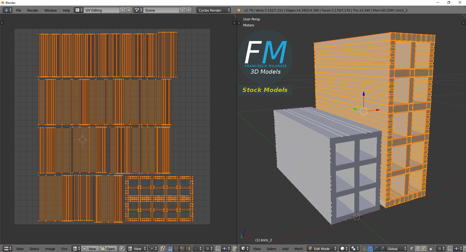 Bricks brick block with two rows of 3D model_10