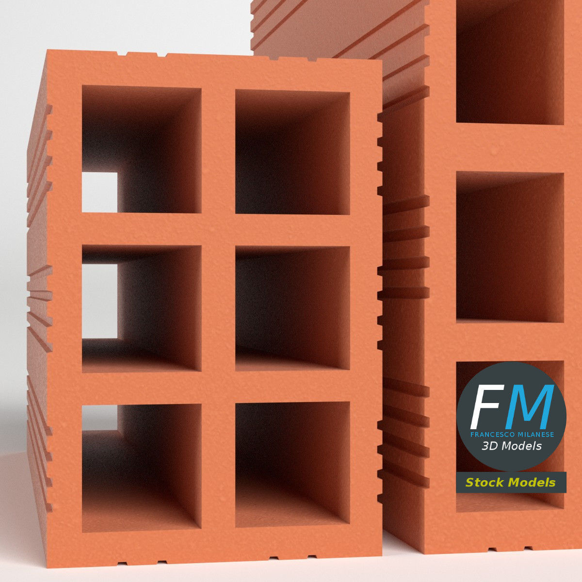 Bricks brick block with two rows of 3D model_3