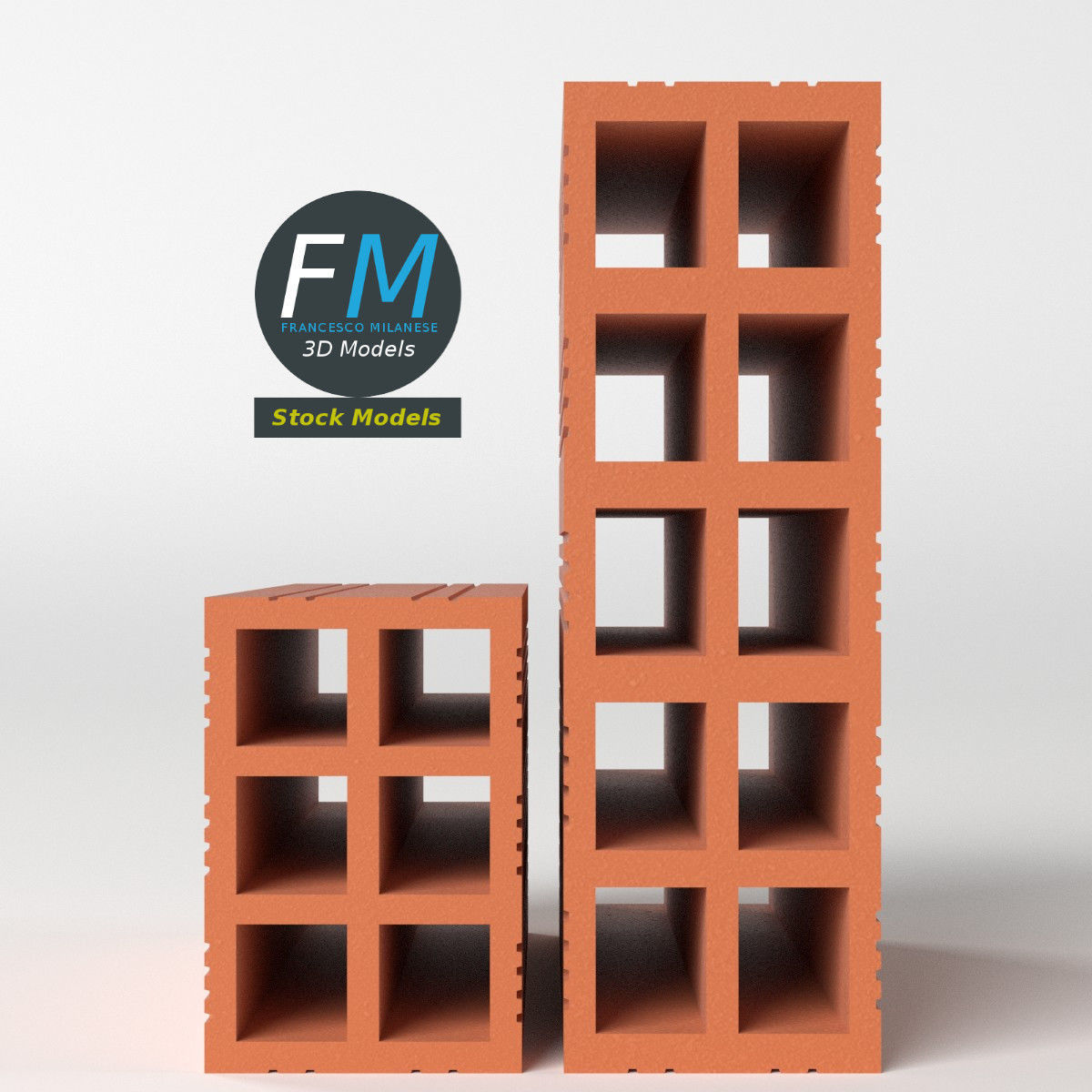 Bricks brick block with two rows of 3D model_5