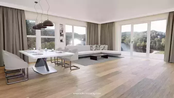 Interior living room with wooden floors and windows