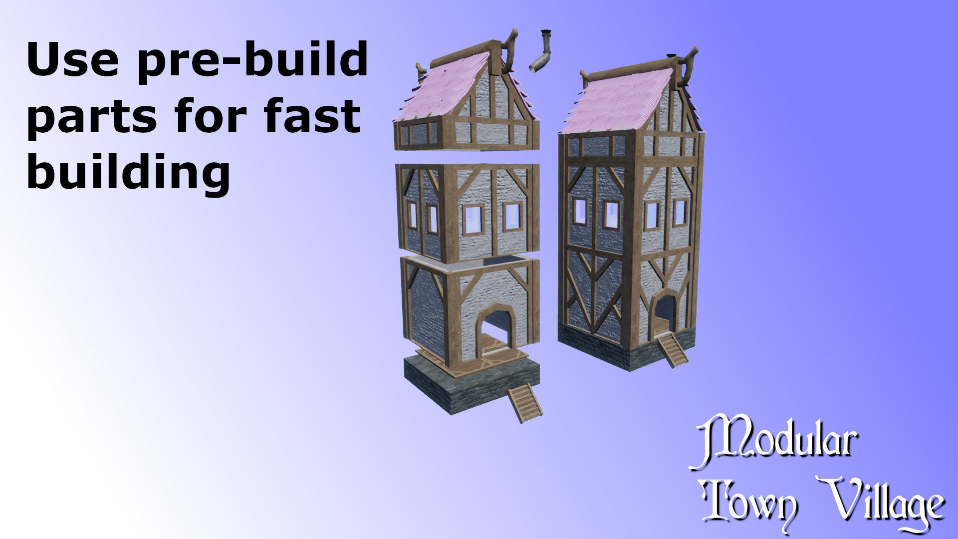 Modular Town Village Houses Kit Low-poly 3D model_16