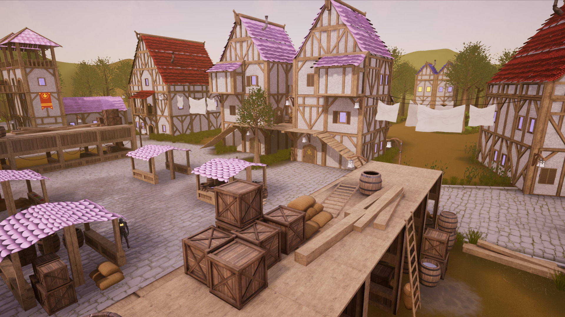 Modular Town Village Houses Kit Low-poly 3D model_11