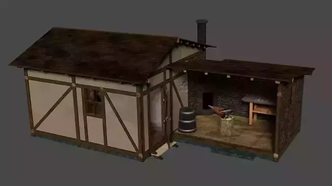Furnitured medieval blacksmith house with exterior and interior