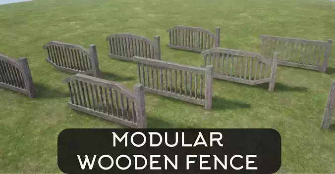 Modular Wooden Fence Low-poly 3D model