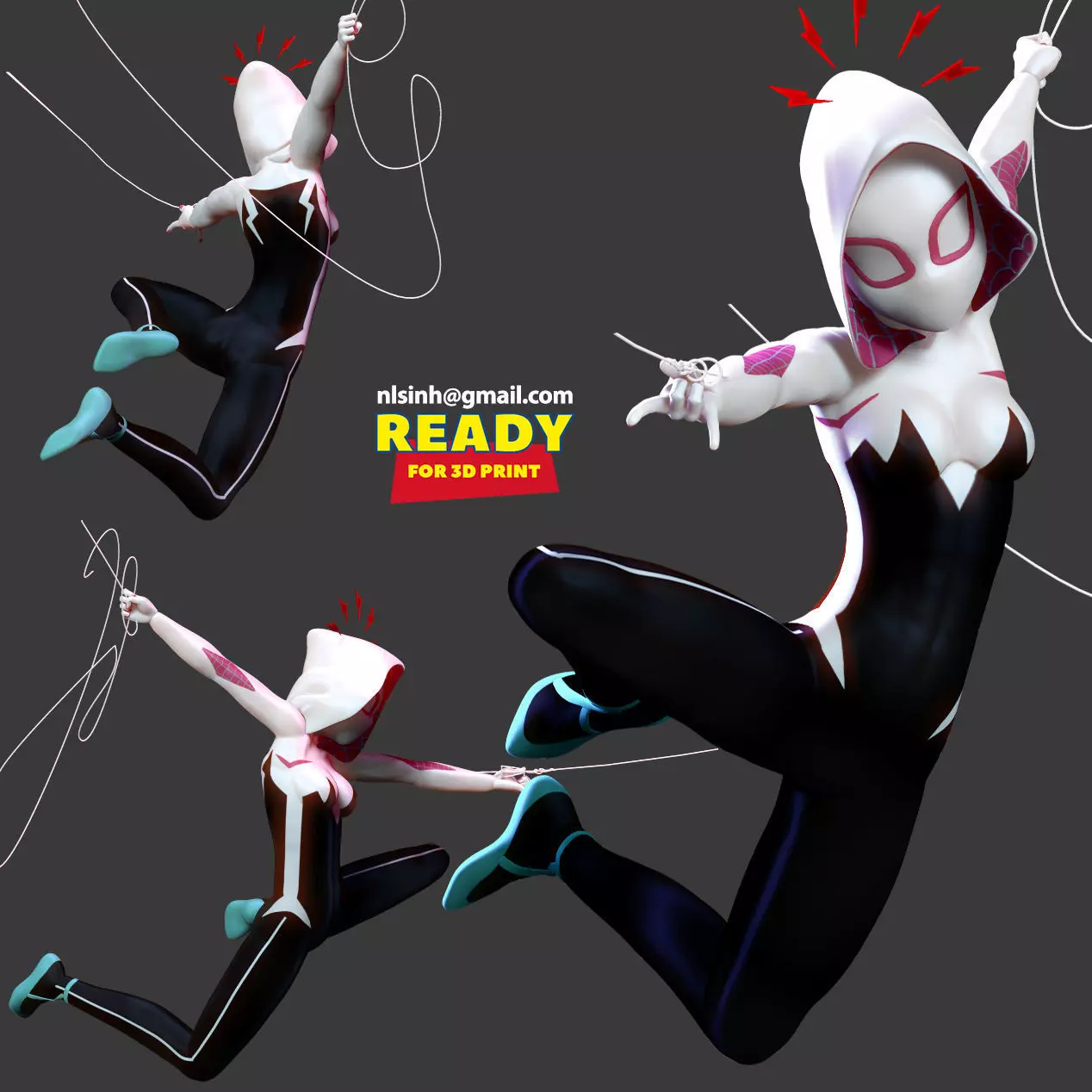 Spider-Gwen 2 figure jumping on pole 3D print model_0