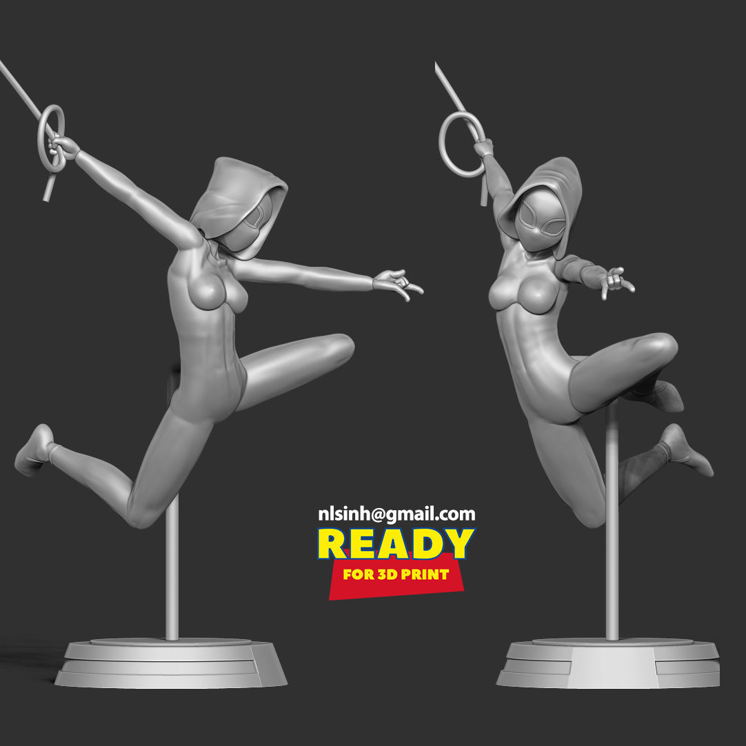 Spider-Gwen 2 figure jumping on pole 3D print model_4