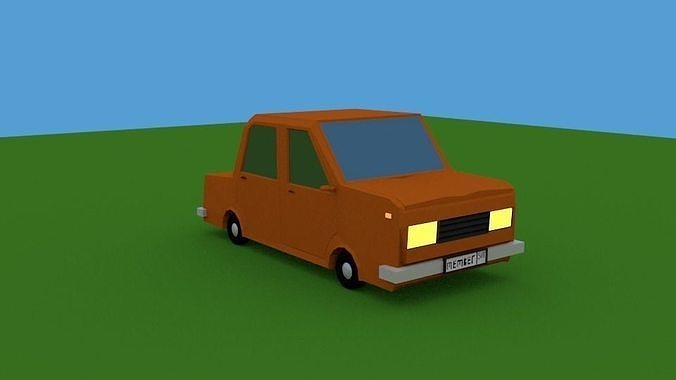 Low Poly Car orange on field Low-poly 3D model