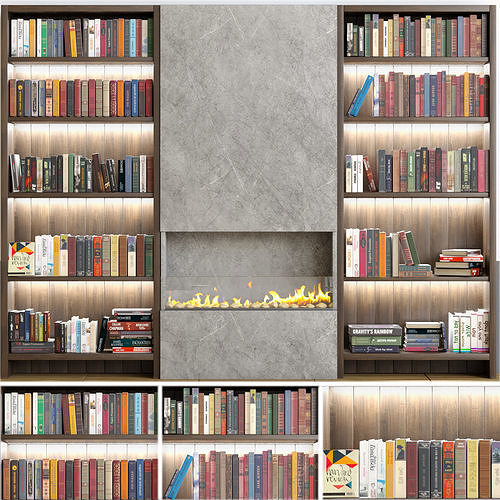 Bookcase bookshelves with fireplace in middle 3D model