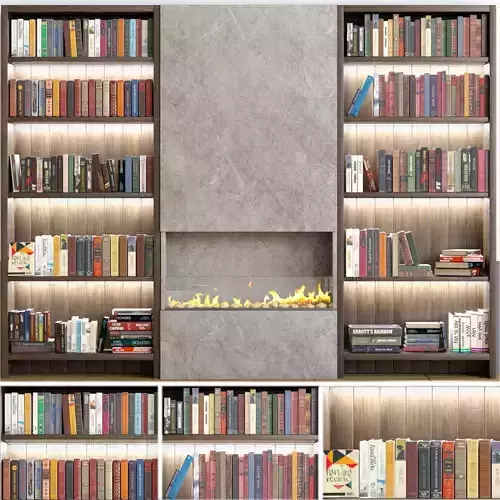 Bookcase bookshelves with fireplace in middle
