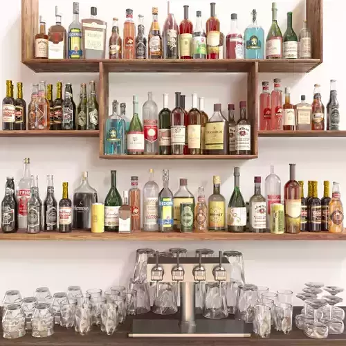 Alcohol Set 5 liquor bottles and glasses on shelf