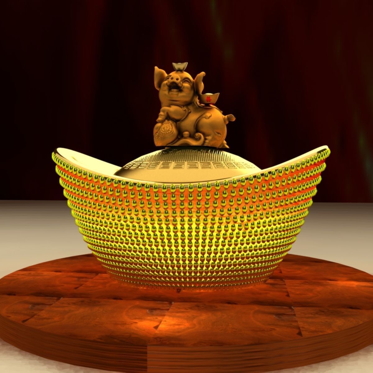 Chinese Lucky Pig with Gold Ingot 3D model_4