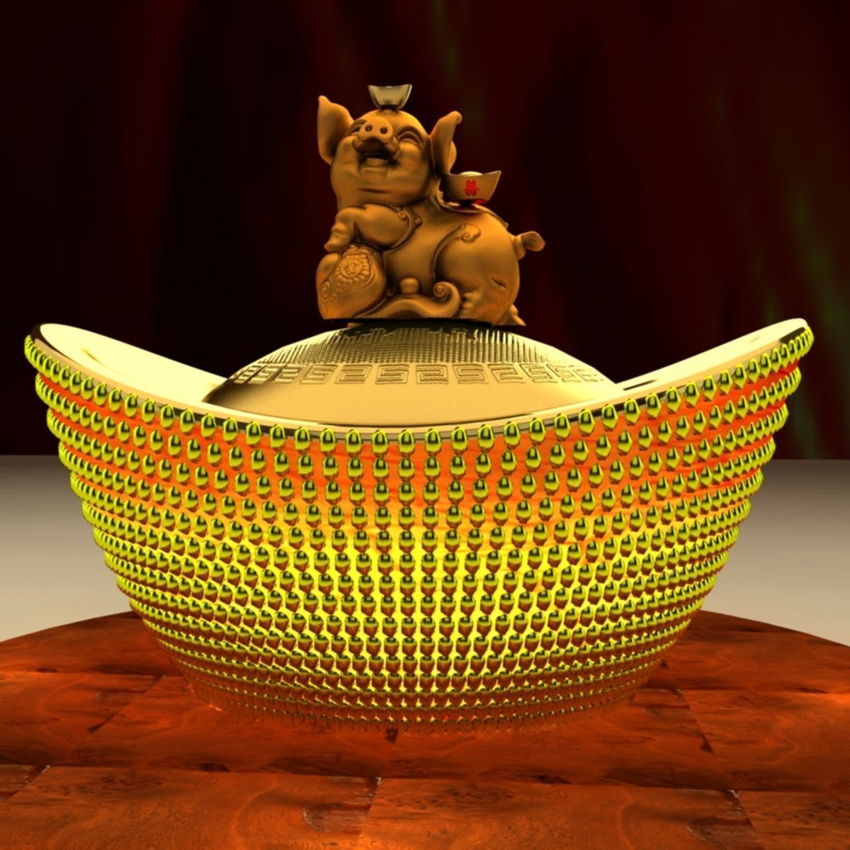 Chinese Lucky Pig with Gold Ingot 3D model_1