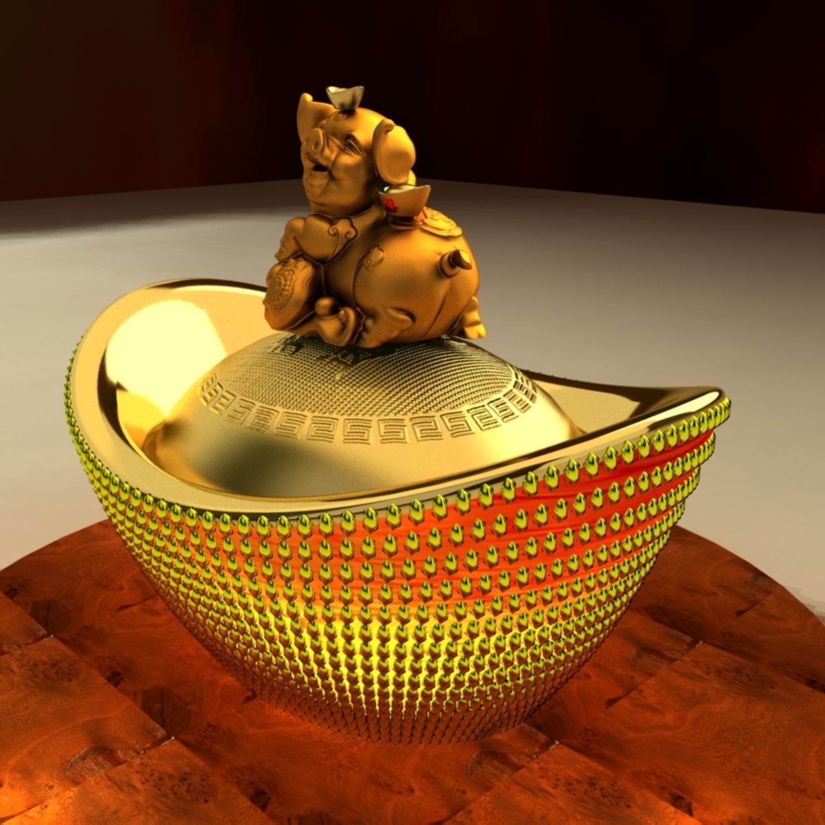 Chinese Lucky Pig with Gold Ingot 3D model_2
