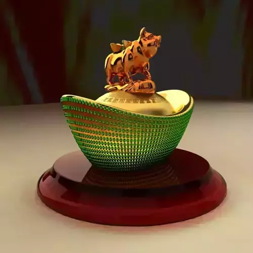 Chinese Gold Ingot with Golden Pig 3D model