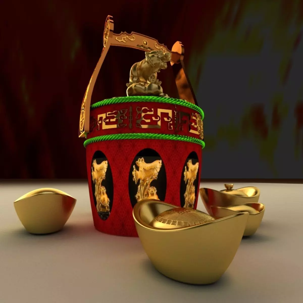 Chinese Gold Ingot with Golden tiger 3D model_0