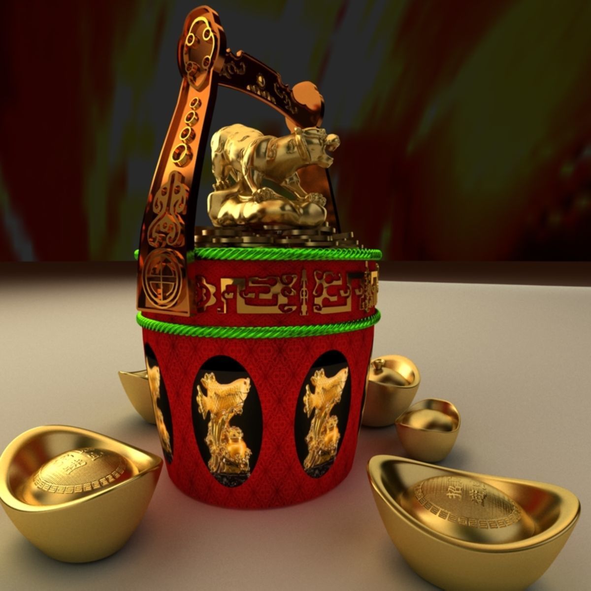 Chinese Gold Ingot with Golden tiger 3D model_1