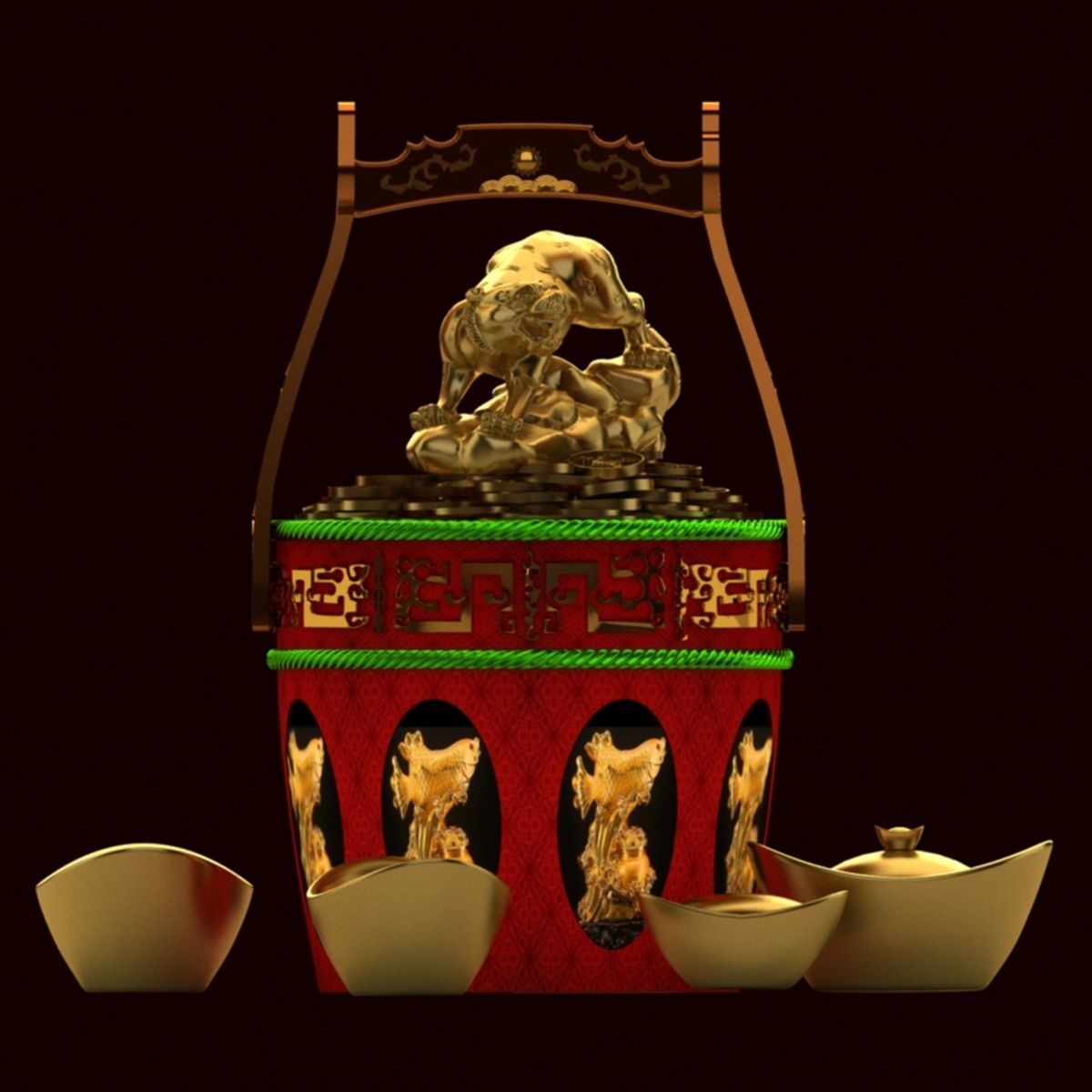 Chinese Gold Ingot with Golden tiger 3D model_4