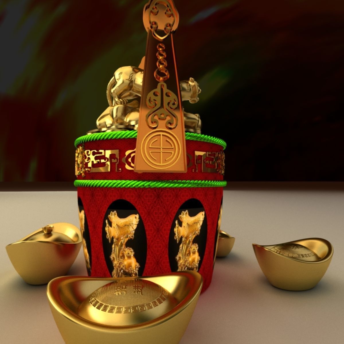 Chinese Gold Ingot with Golden tiger 3D model_2