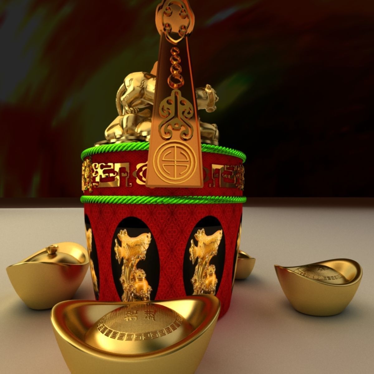 Chinese Gold Ingot with Golden tiger 3D model_3