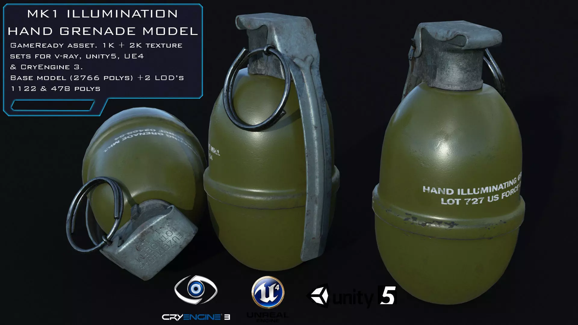 MK1 Illumination Hand Grenade Game Ready 2 LODs Low-poly 3D model_0