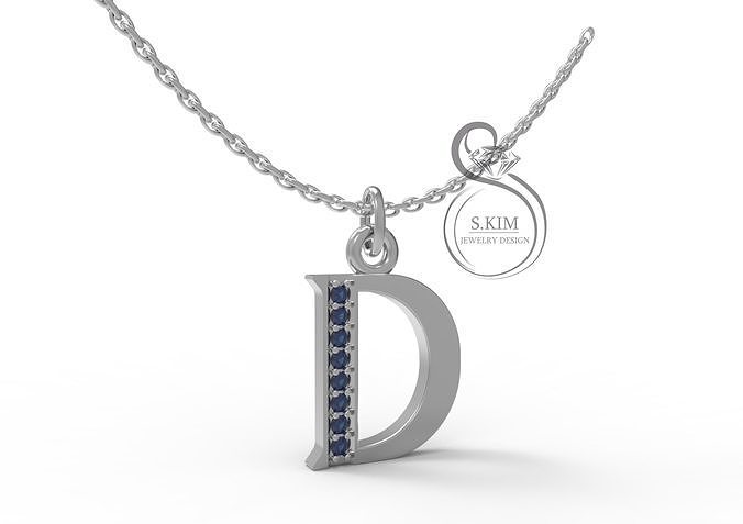 letter D sterling silver initial necklace with sapphires 3D print model