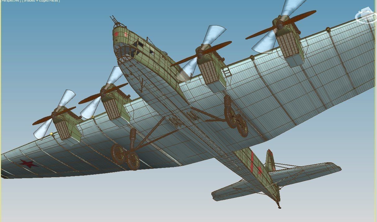 TB-3 russian biplane with propellers flying in sky 3D model_7