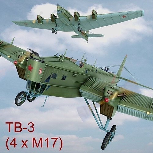 TB-3 russian biplane with propellers flying in sky 3D model